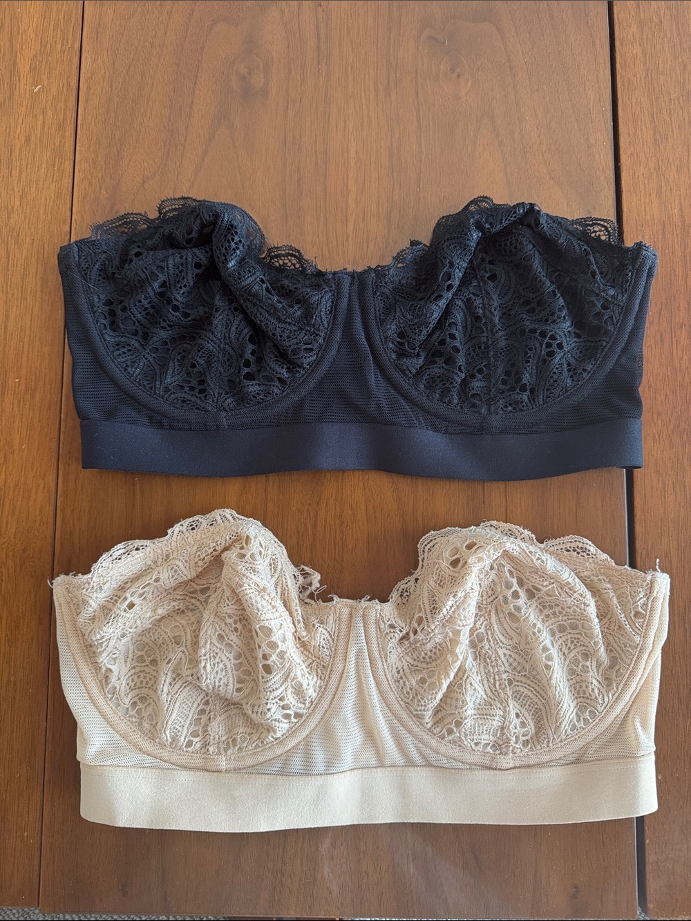 2 Lace Bandeau Bralettes - Black and Nude